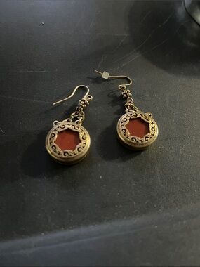 Antique-Style Gold Drop Earrings with Red Accent